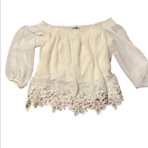 LUSH sheer cold shoulder crop top with lace trim